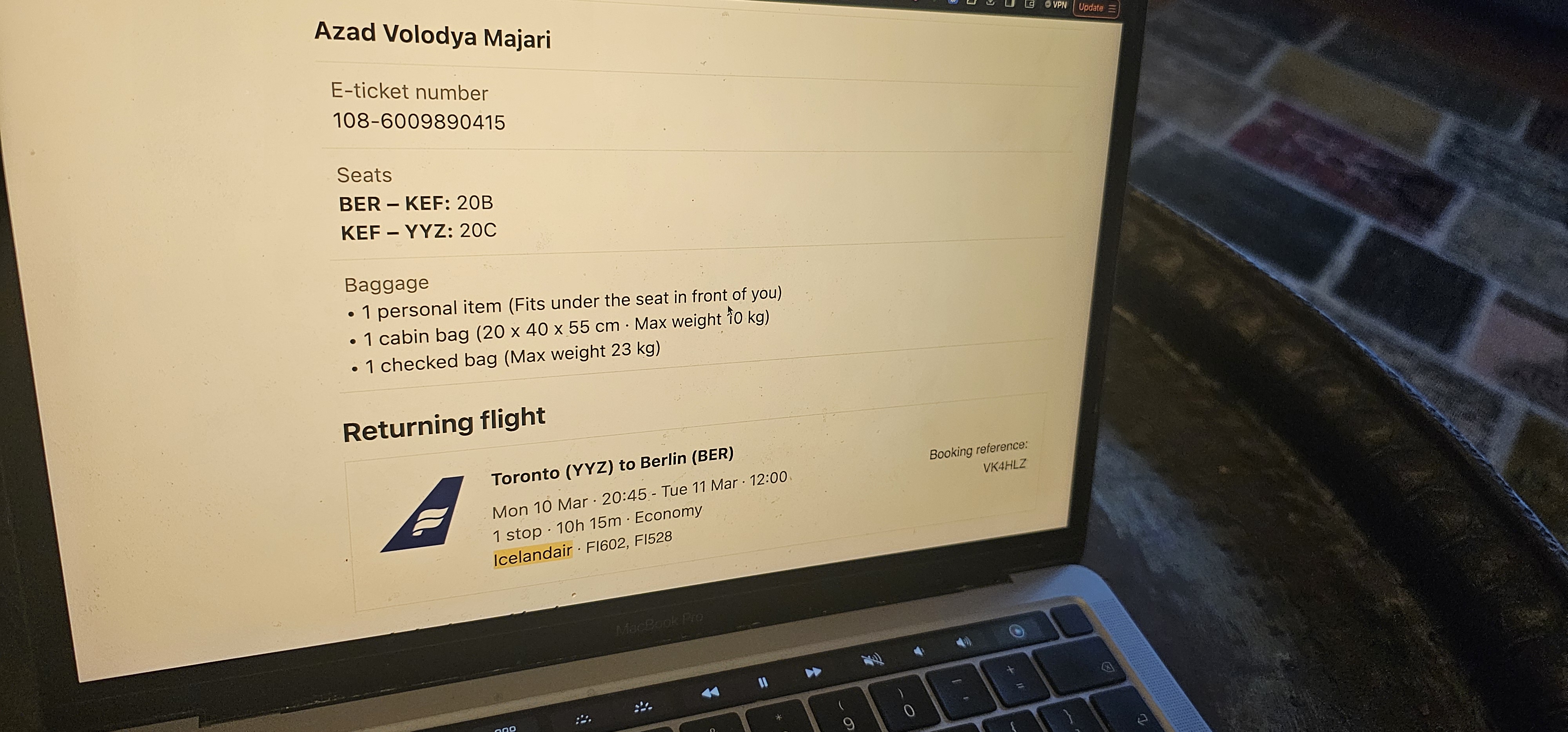 Actual Icelandair boarding ticket